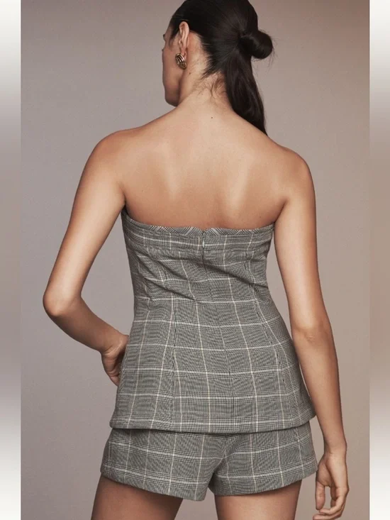 ANTHROPOLOGIE Maeve Strapless Plaid Romper Menswear NEW - Picture 3 of 10